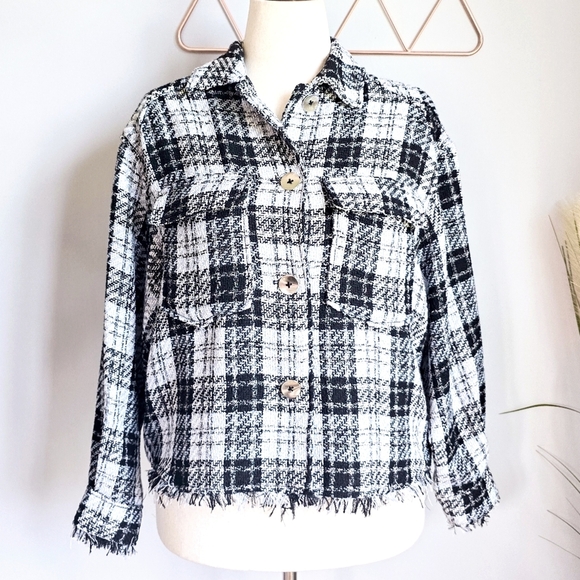 ZARA New Black White Tweed Fringe Trim Oversized Button Front Shacket Size XS - Picture 2 of 14